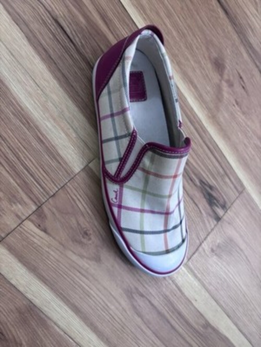 Coach Women's Plaid Canvas Slip-On Flats White Pink Multicolor US 9 M